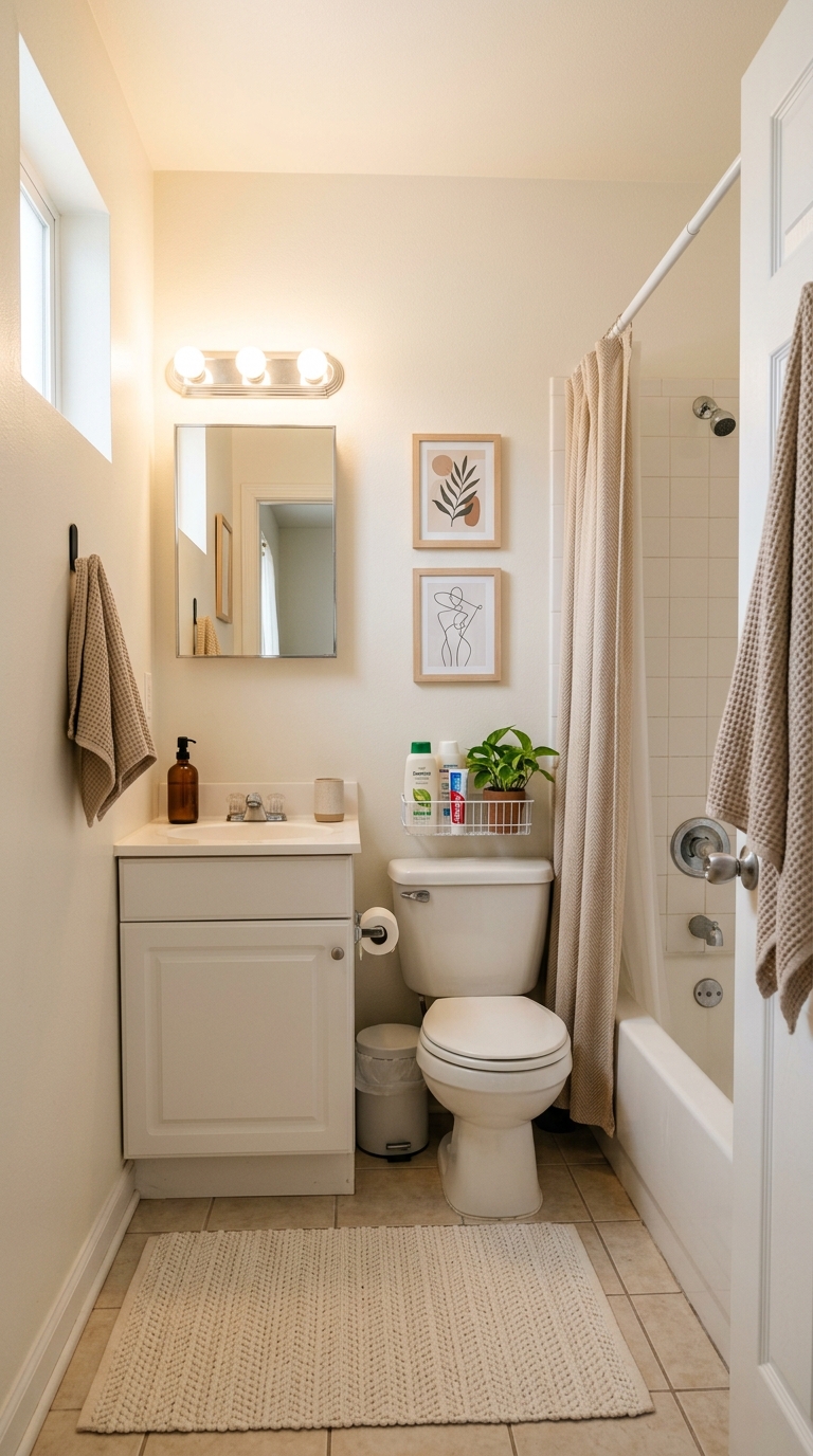 Decorate a small rental bathroom without clutter using removable wall art, neutral curtains, and hanging towels.