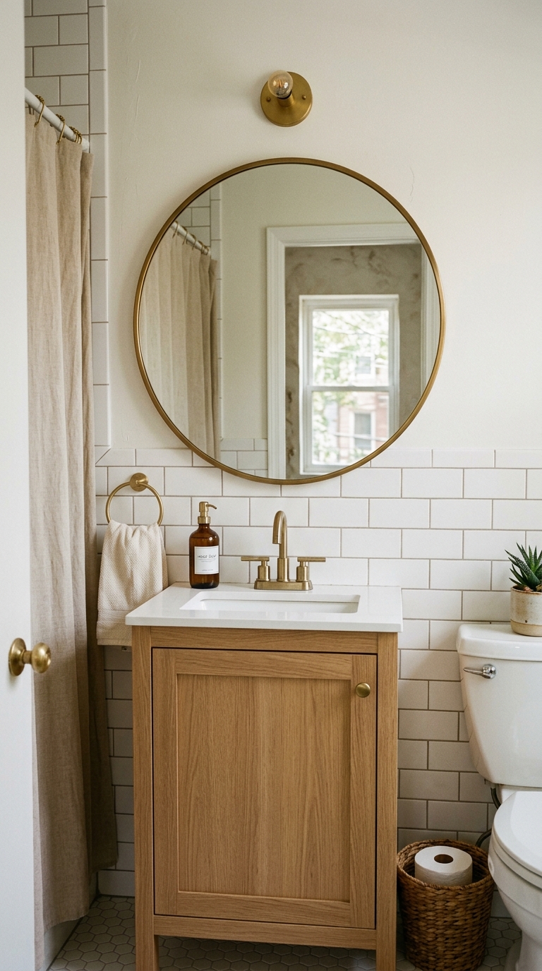 A round statement mirror hung above a warm wood vanity in a small, uncluttered bathroom.