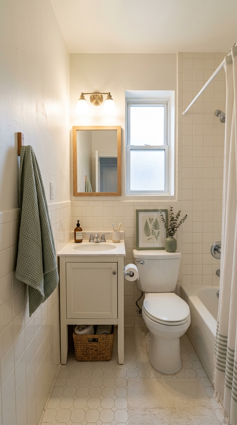 A compact, organized bathroom featuring subtle sage green accents across hanging towels and small plants paired with warm neutrals.