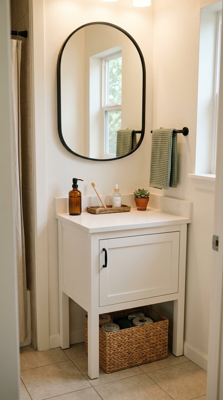 A compact white bathroom vanity with neatly grouped daily essentials, clear counter space, and a woven basket underneath.