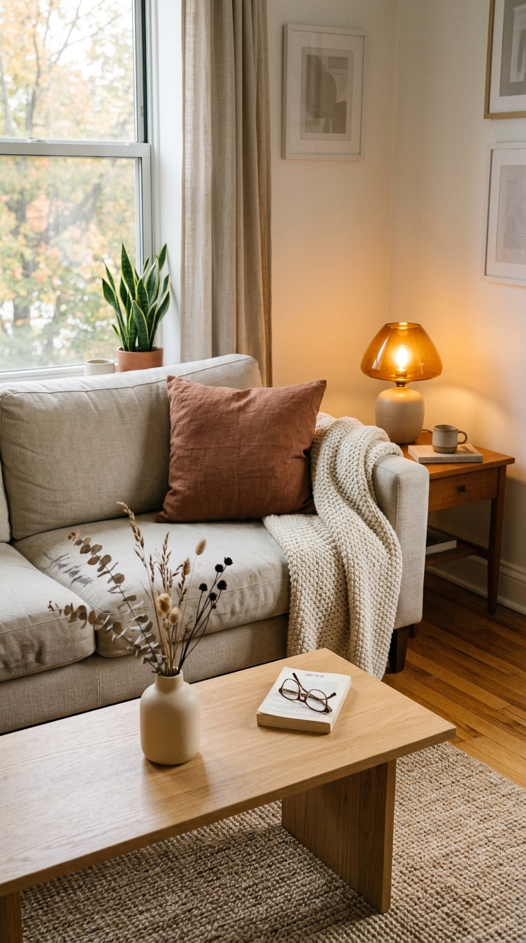 Neutral small living room styled with a warm rust pillow, dried stems, a glowing table lamp, and an open book