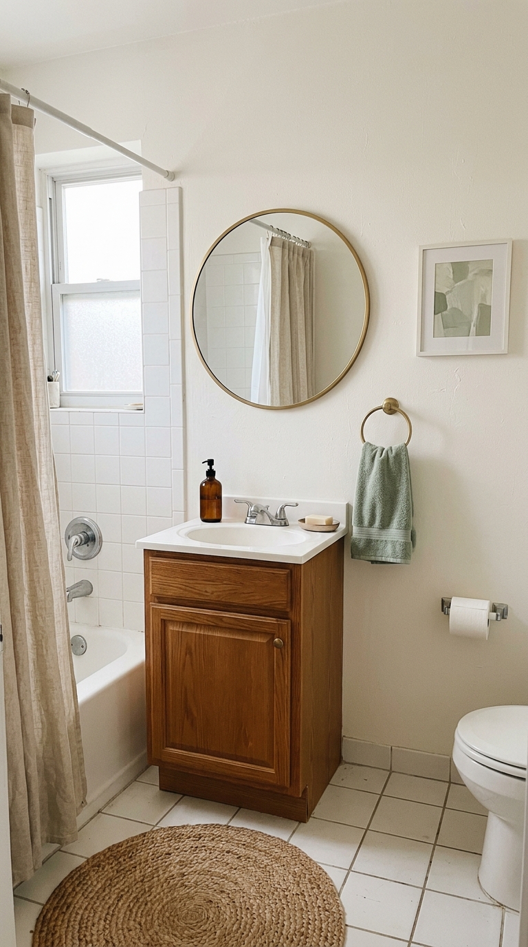 How to decorate a small bathroom without clutter using a simple formula of a round mirror, oak vanity, woven rug, and sage green towel.