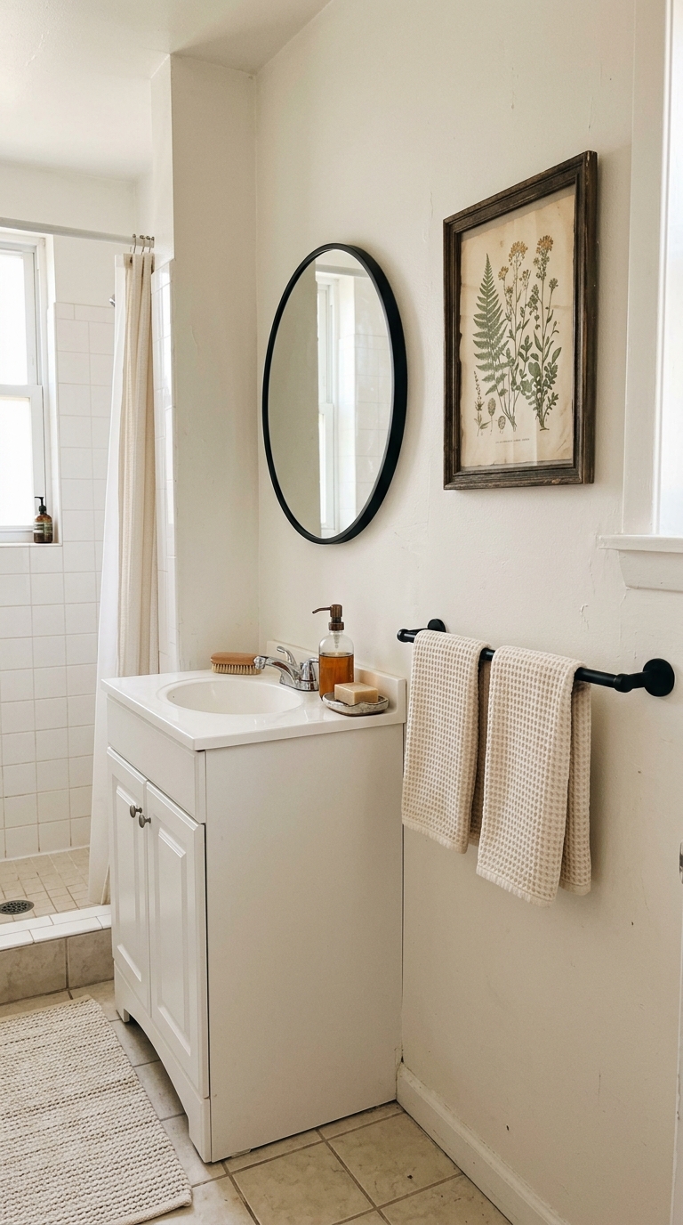 A compact, uncluttered bathroom featuring a single framed wall print next to a mirror and vanity.