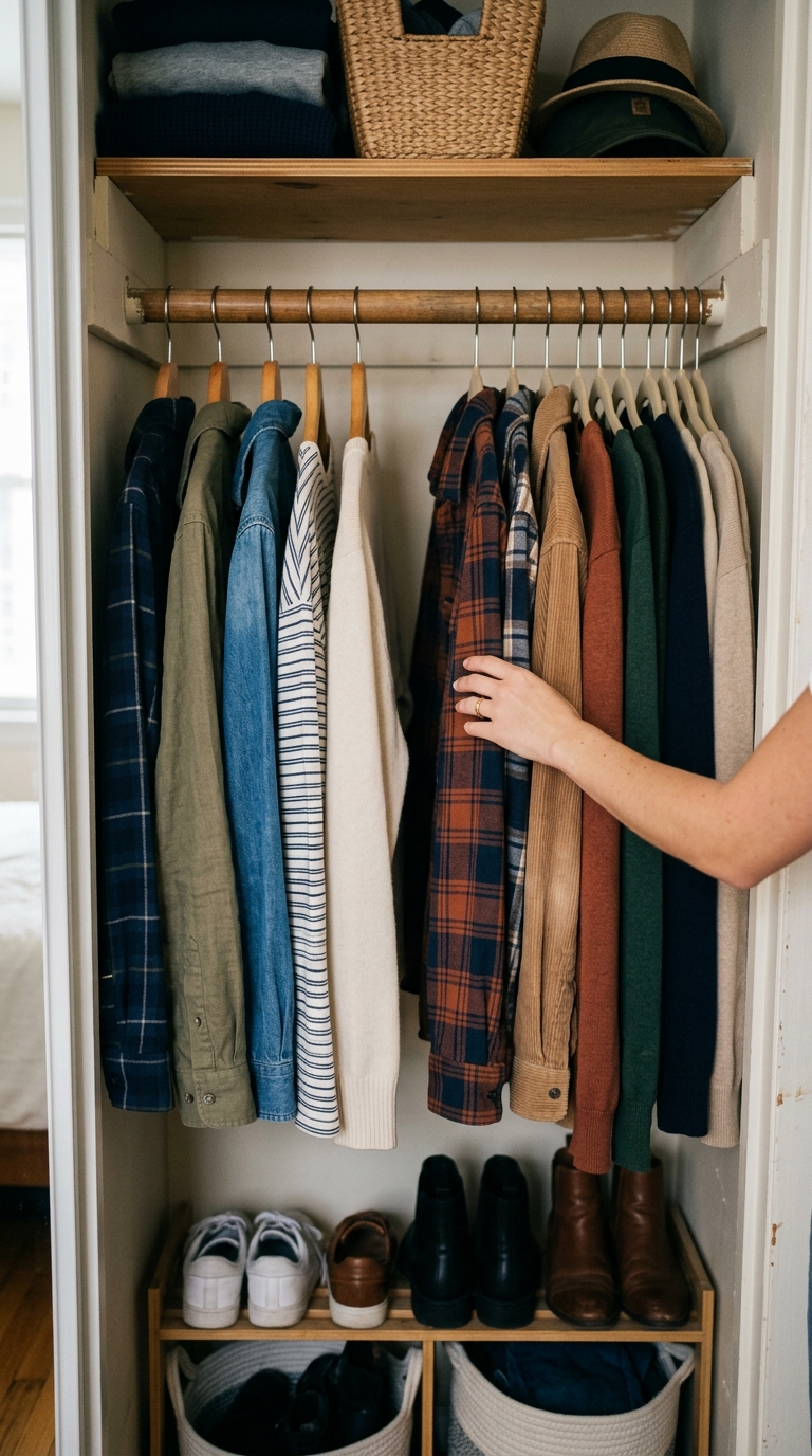 Reach-in closet showing bulky wooden hangers on the left compared to space-saving slim hangers on the right with a hand adjusting clothes.