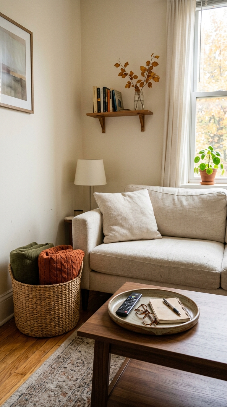 Organized small living room featuring an ordinary tray used as a table landing zone and a woven basket holding blankets.