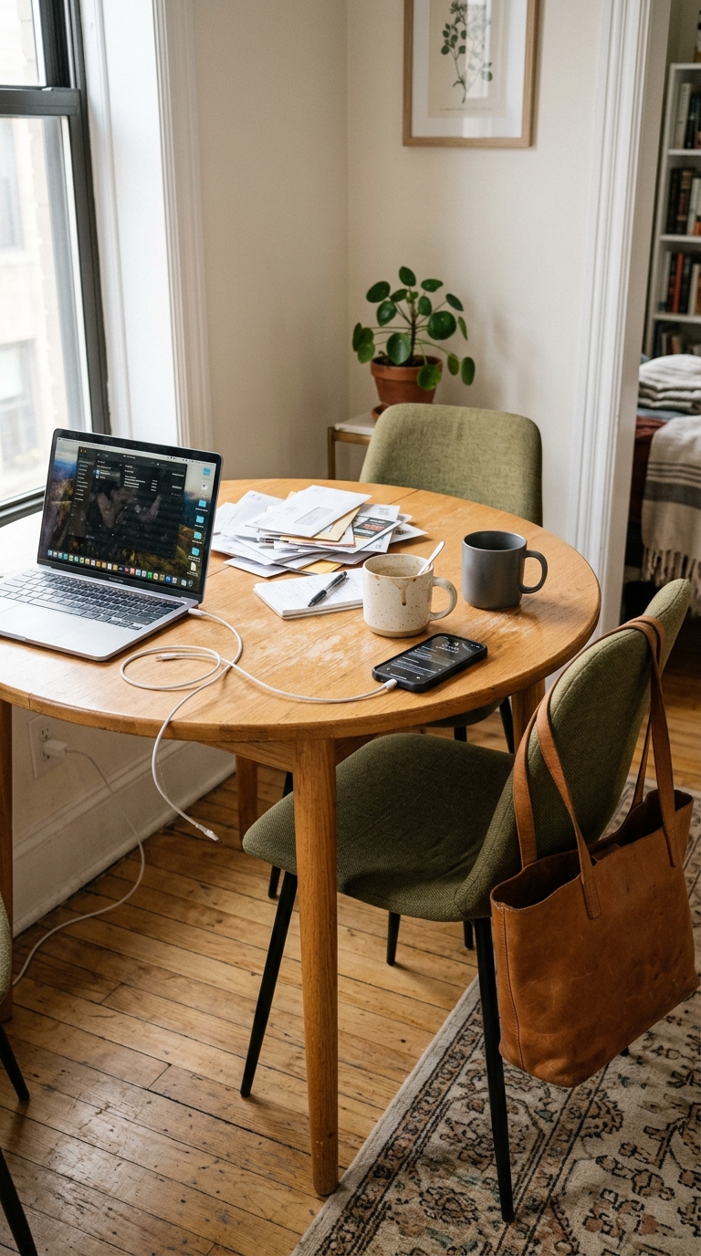Cluttered round oak dining table in a small apartment with laptop, scattered mail, mugs, and bag on a chair.