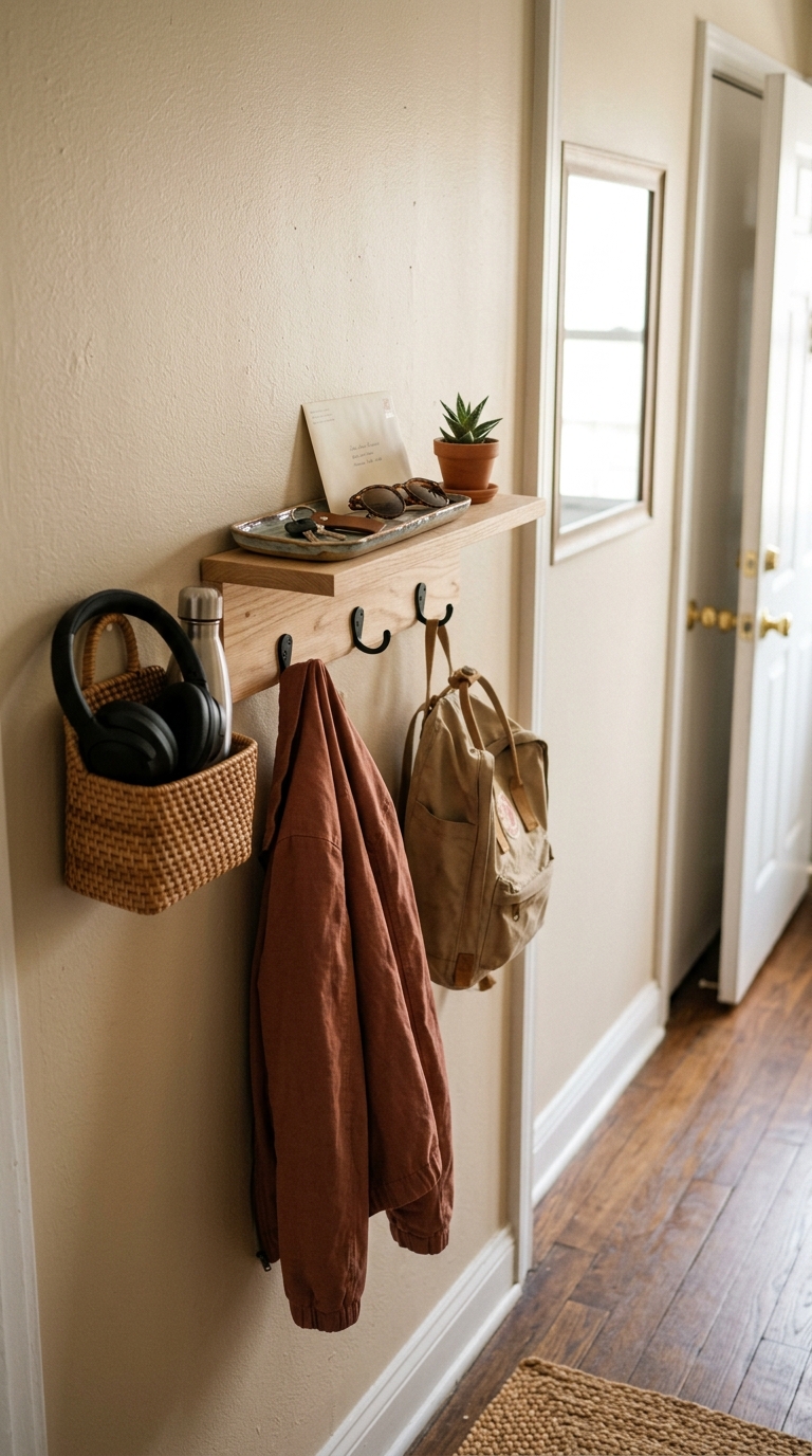 Wall-mounted wooden shelf with key hooks, a small basket for mail, and a daily jacket in a narrow apartment hallway.