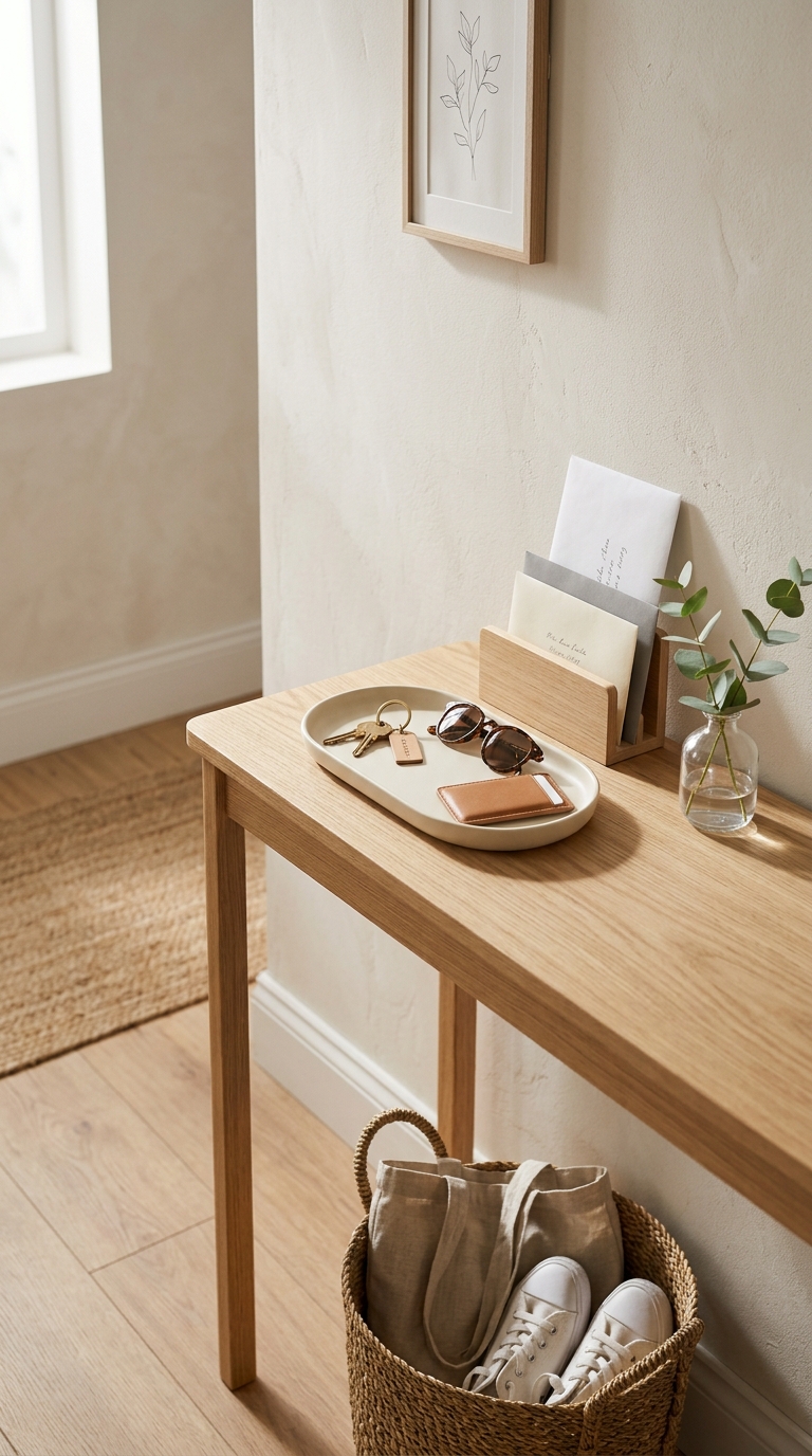 A shallow console table with a minimalist ceramic tray holding keys and a wallet, alongside a vertical wood mail organizer.