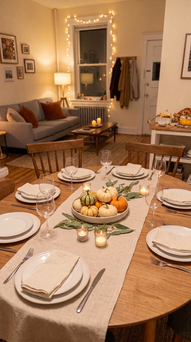 A detailed close-up of a wooden dining table in a small apartment set for Thanksgiving, featuring a low centerpiece of pumpkins, greenery, and low candles, providing clear sightlines