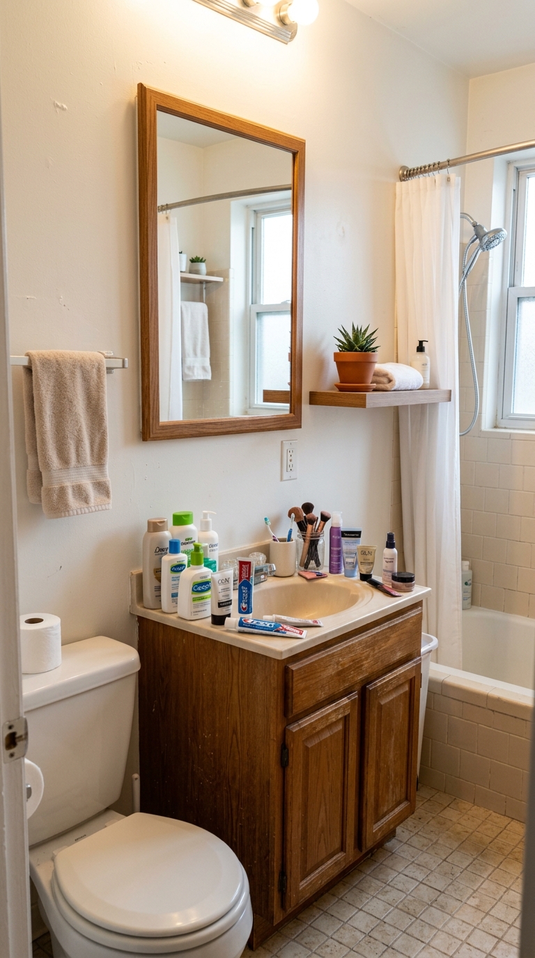 A realistic small bathroom vanity crowded with multiple toiletry bottles, mismatched products, and daily clutter around the sink.