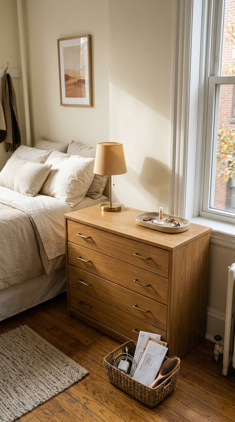 Small space fall home reset showing a decluttered wooden bedroom dresser surface with a warm lamp and bedside basket.