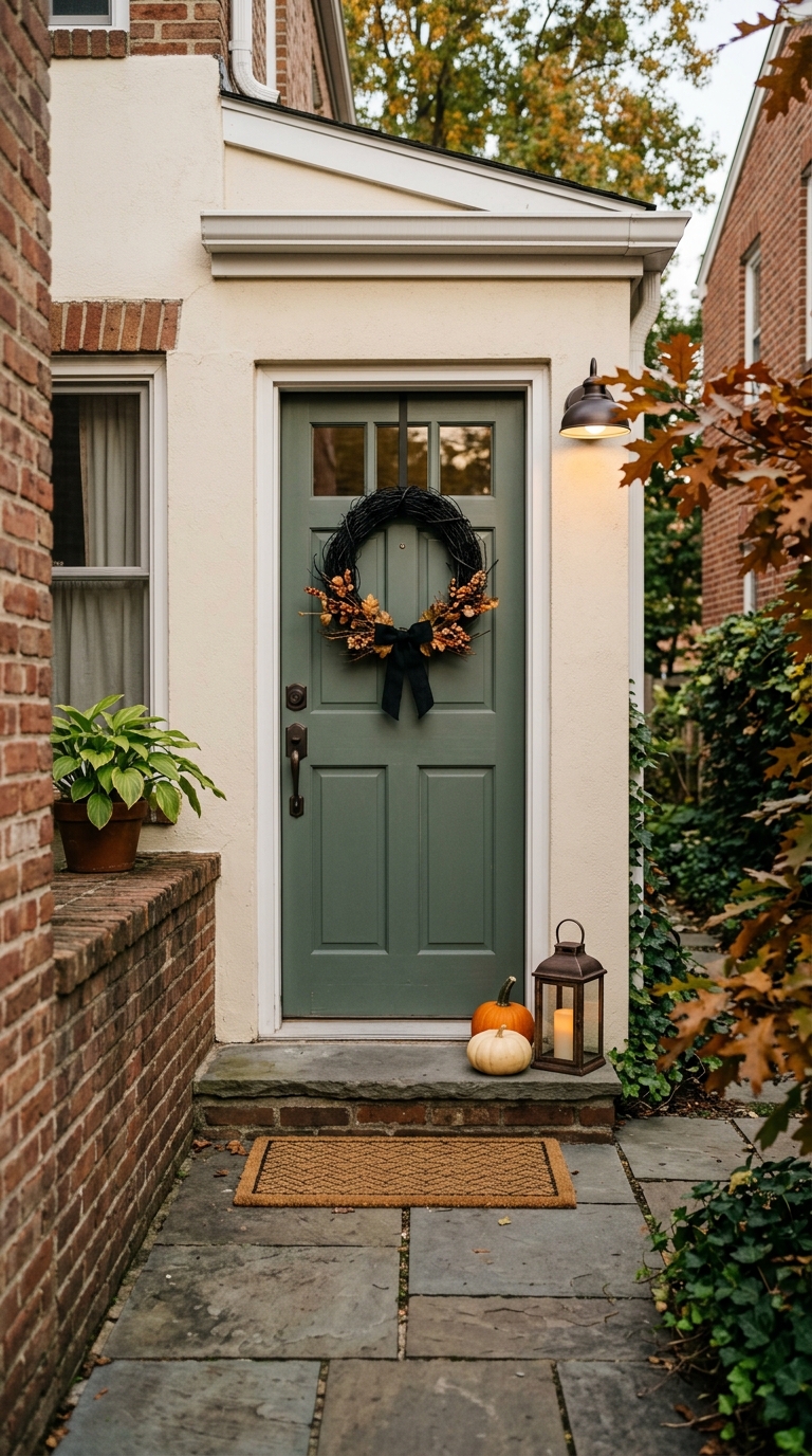 Sage green front door adorned with a dark twig wreath, clean coir doormat, and two small pumpkins on the stone step.