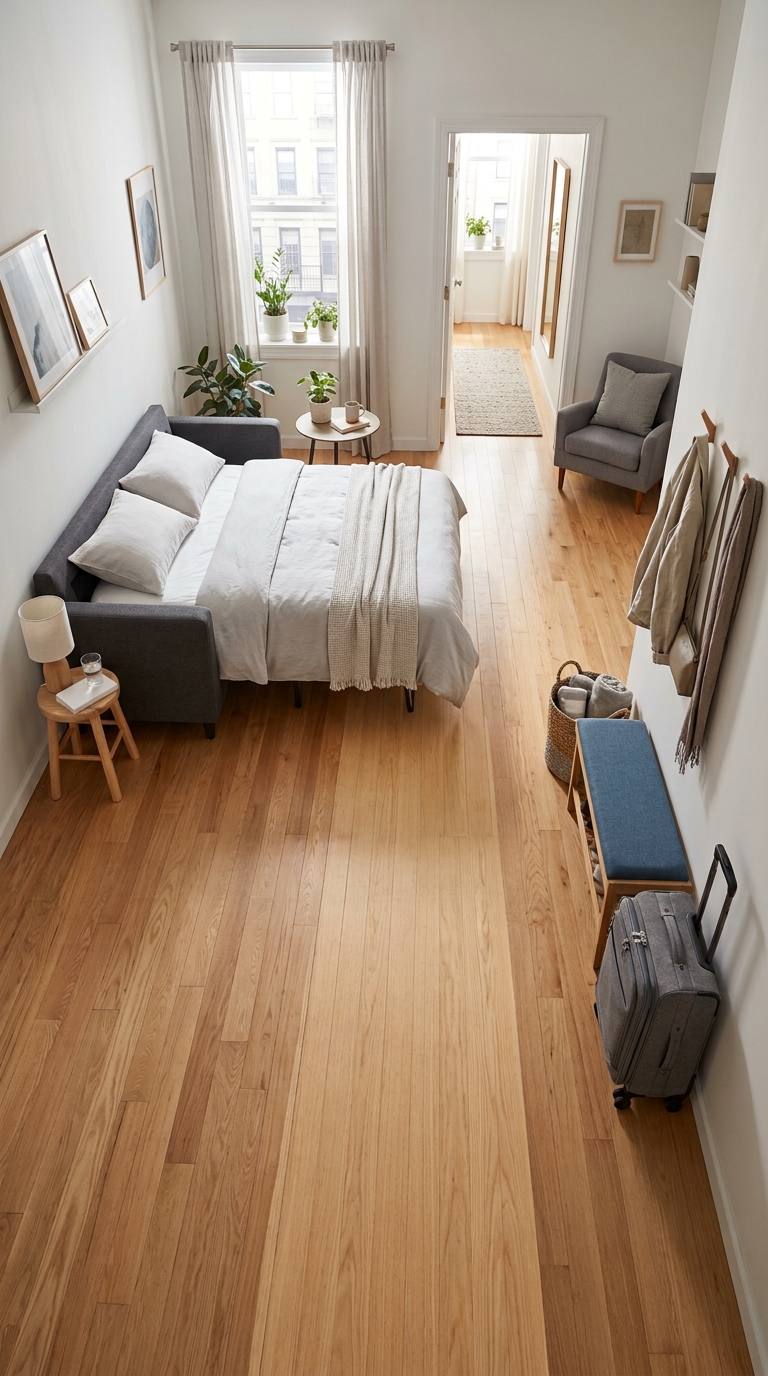 High-angle interior layout showing three functional guest zones in a small home: a bed area, a central clear walkway, and dedicated luggage storage along the wall