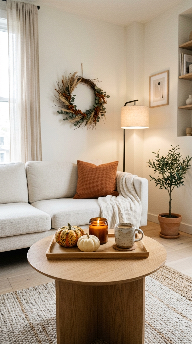 Cozy small living room with neutral couch, wall wreath, and a round wooden coffee table styled with a minimal Halloween tray with mini pumpkins and a candle.