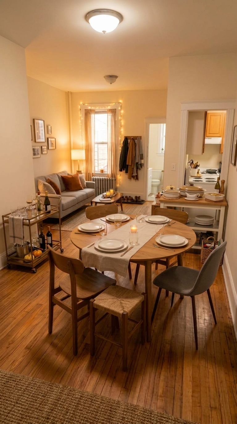 A small apartment floor plan setup for Thanksgiving featuring a central dining table, side drink cart, buffet station, and clear walking paths