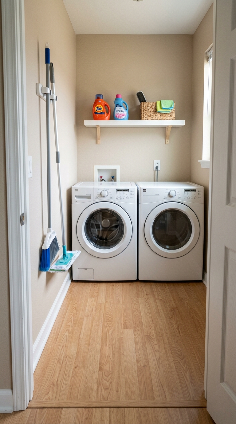 Practical small laundry room organization ideas prioritizing clear floor space and door clearance for an easy everyday workflow.
