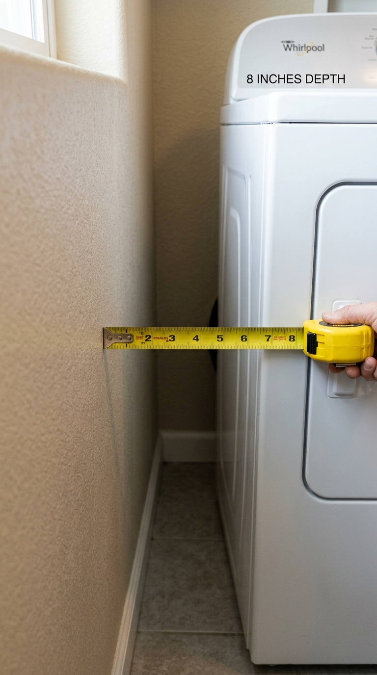Small laundry room organization ideas showing a narrow gap being measured before adding a storage cart.