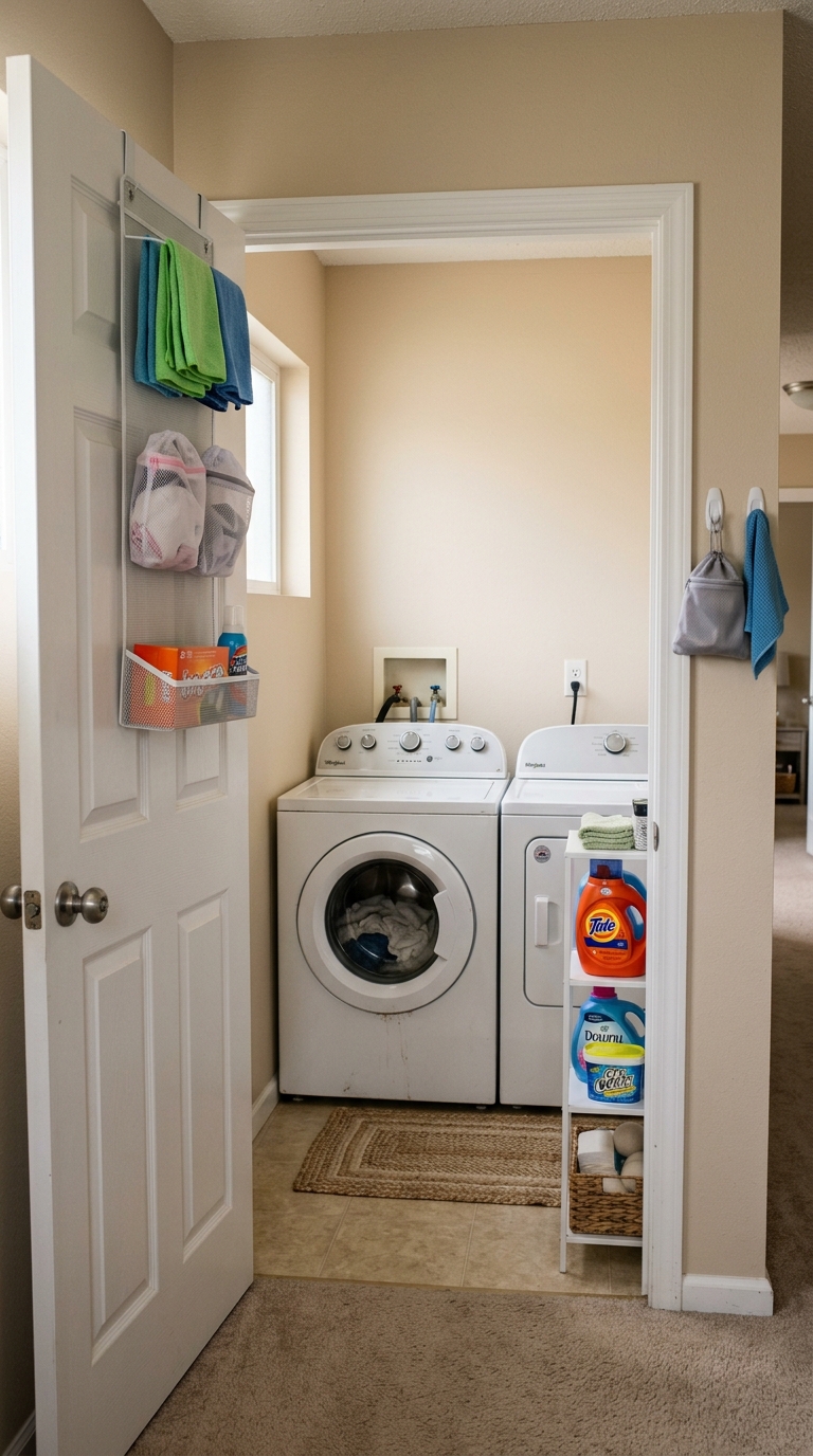 Practical small laundry room organization ideas for renters featuring an over-the-door rack, adhesive hooks, and a slim freestanding tower shelf.
