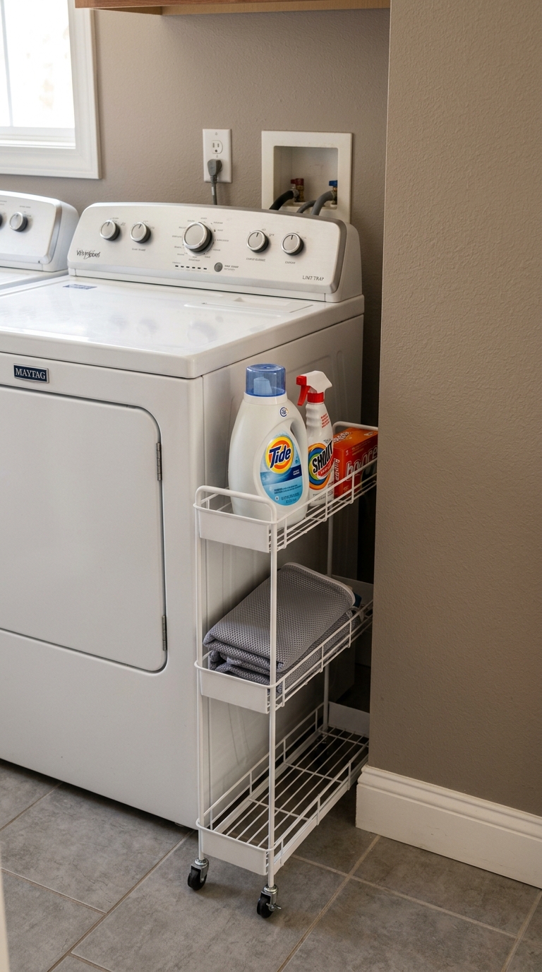 Smart small laundry room organization ideas using a slim rolling utility cart tucked into the narrow gap beside the washing machine.