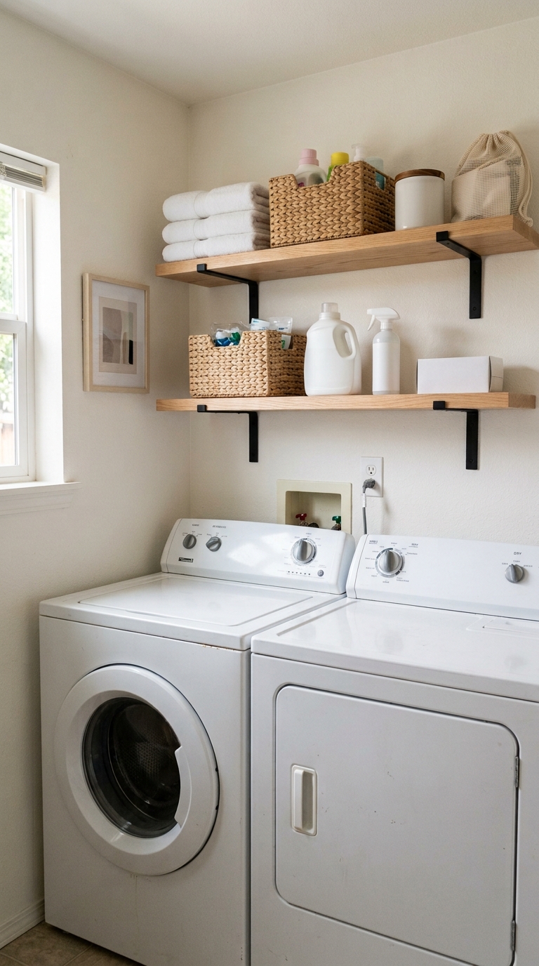 Open wooden shelves mounted on the wall above a washer and dryer holding detergent bottles, spray cleaner, and woven storage baskets.