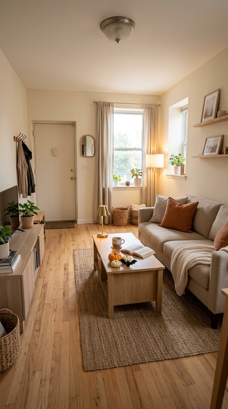 Compact apartment living room with an open walking path, comfortable sofa, and minimal fall Halloween touches on the coffee table.