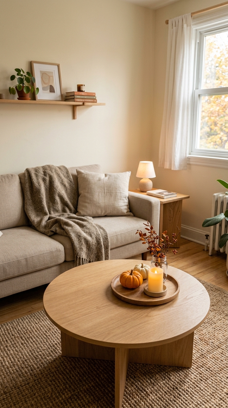 Small apartment living room featuring an uncluttered round wooden coffee table with a small decorative bowl and mini pumpkins, surrounded by open floor space.
