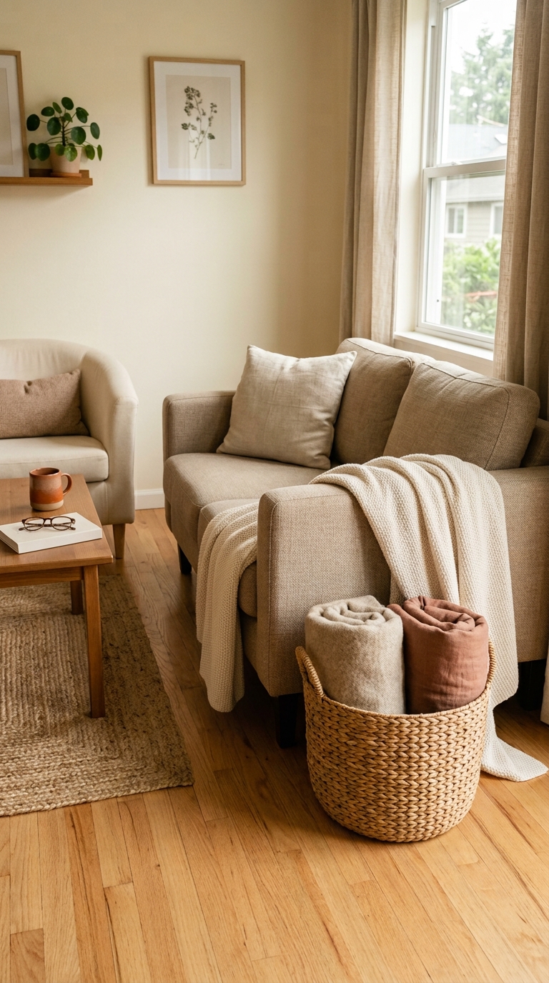 Cozy neutral living room sofa with folded fall throw blankets contained in a large woven floor basket.