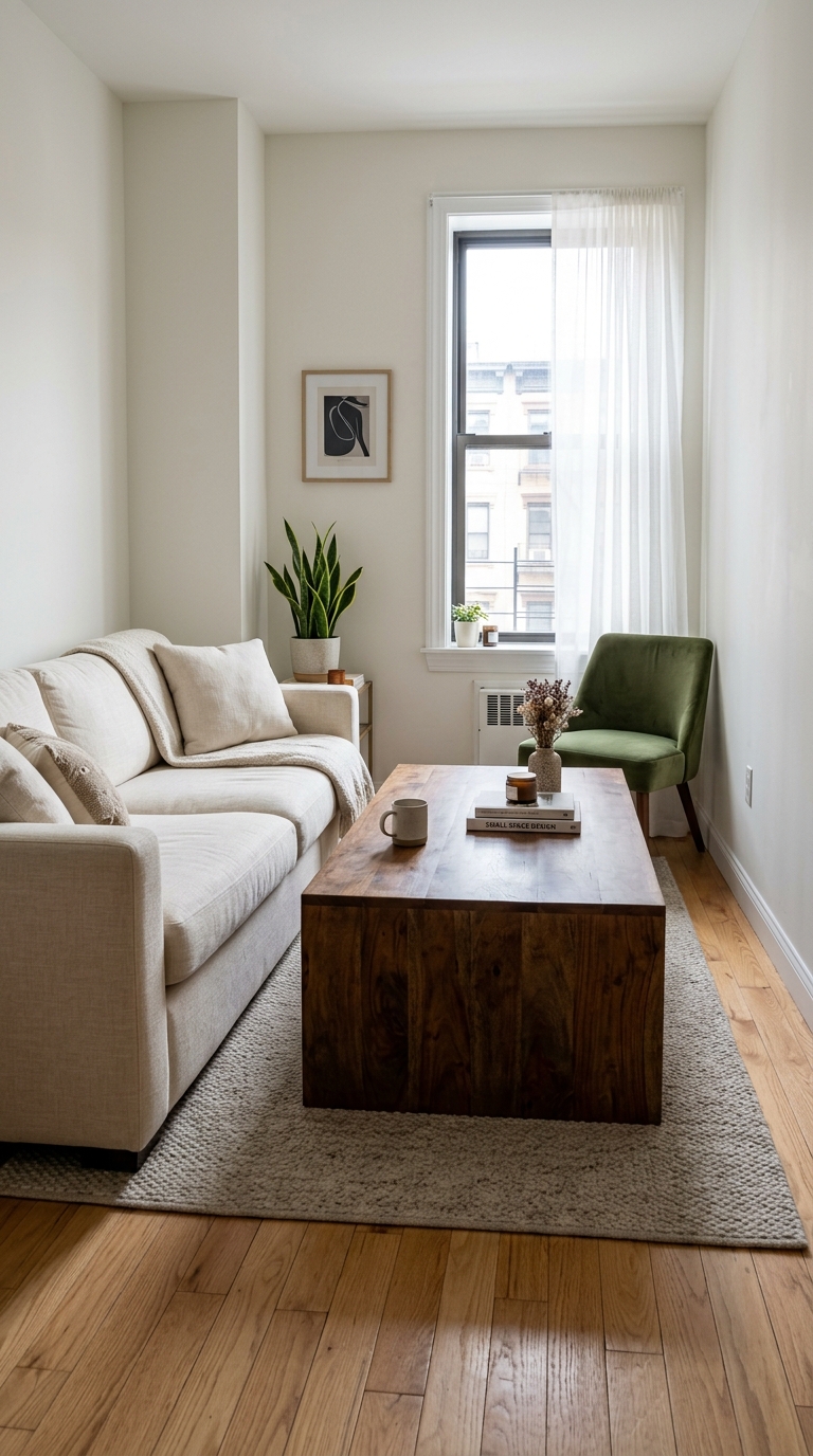 oversized dark wood coffee table placed close to a sofa demonstrating pinched floor clearance