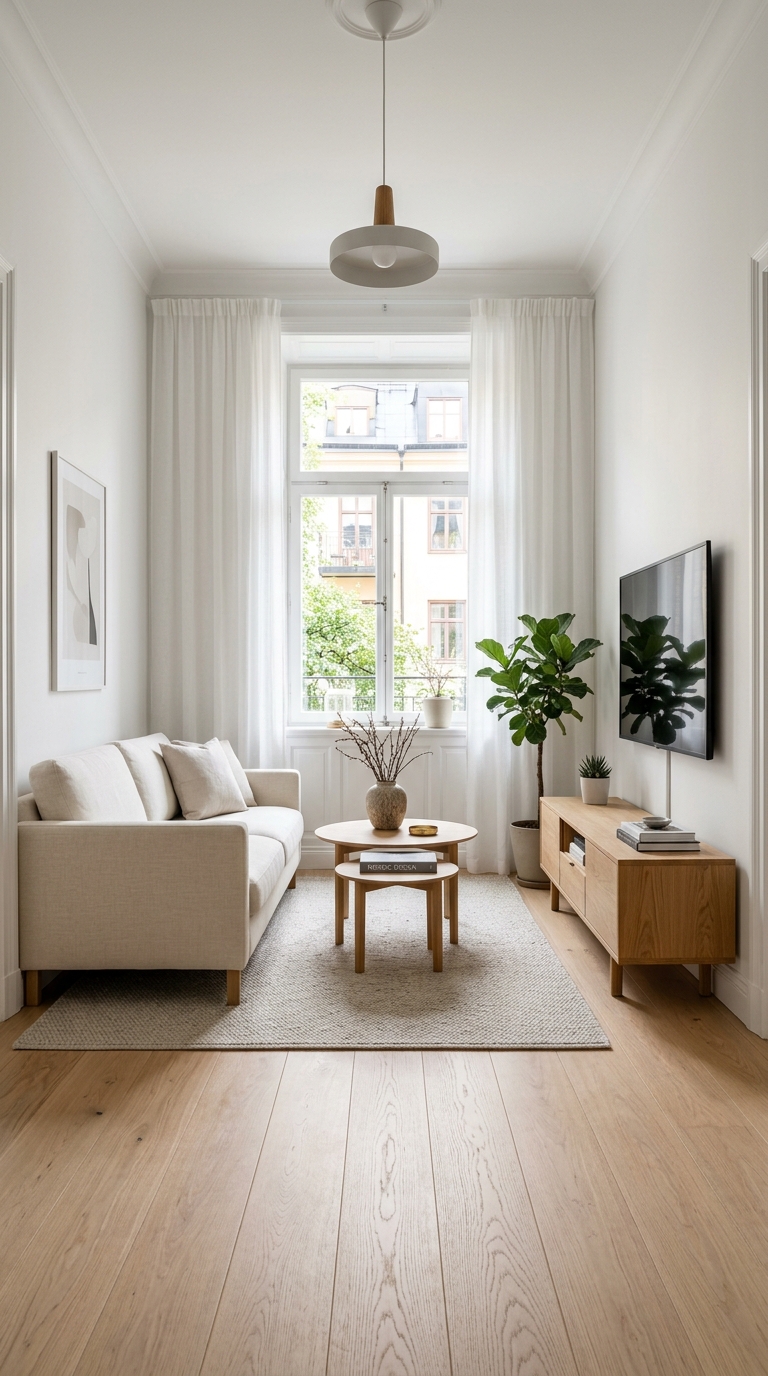small living room furniture arrangement ideas showing a balanced bright Scandinavian layout with clear walkways