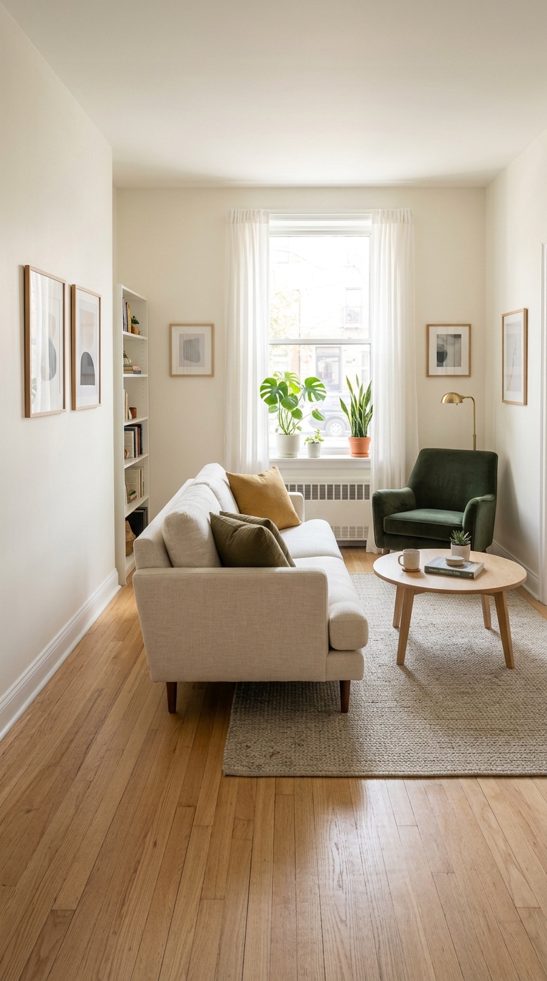 small living room arranged with tailored sofa turned away from wall to create a defined conversation zone
