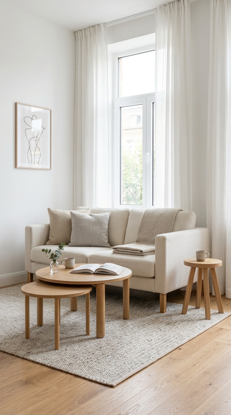 Small living room with nesting tables and a stool serving multiple purposes