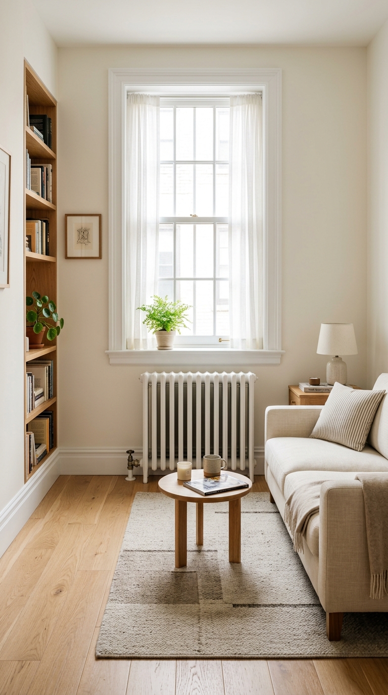 Small living room furniture arranged around a window and radiator