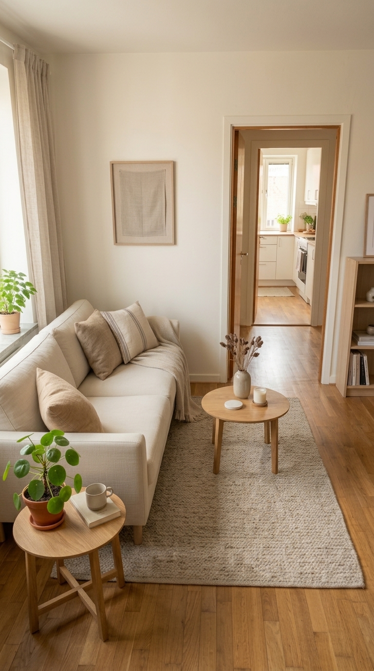Small living room with furniture arranged to create a clear walking path