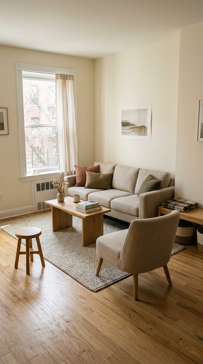 living room seating audit showing tailored neutral sofa and armchair placed on hardwood flooring