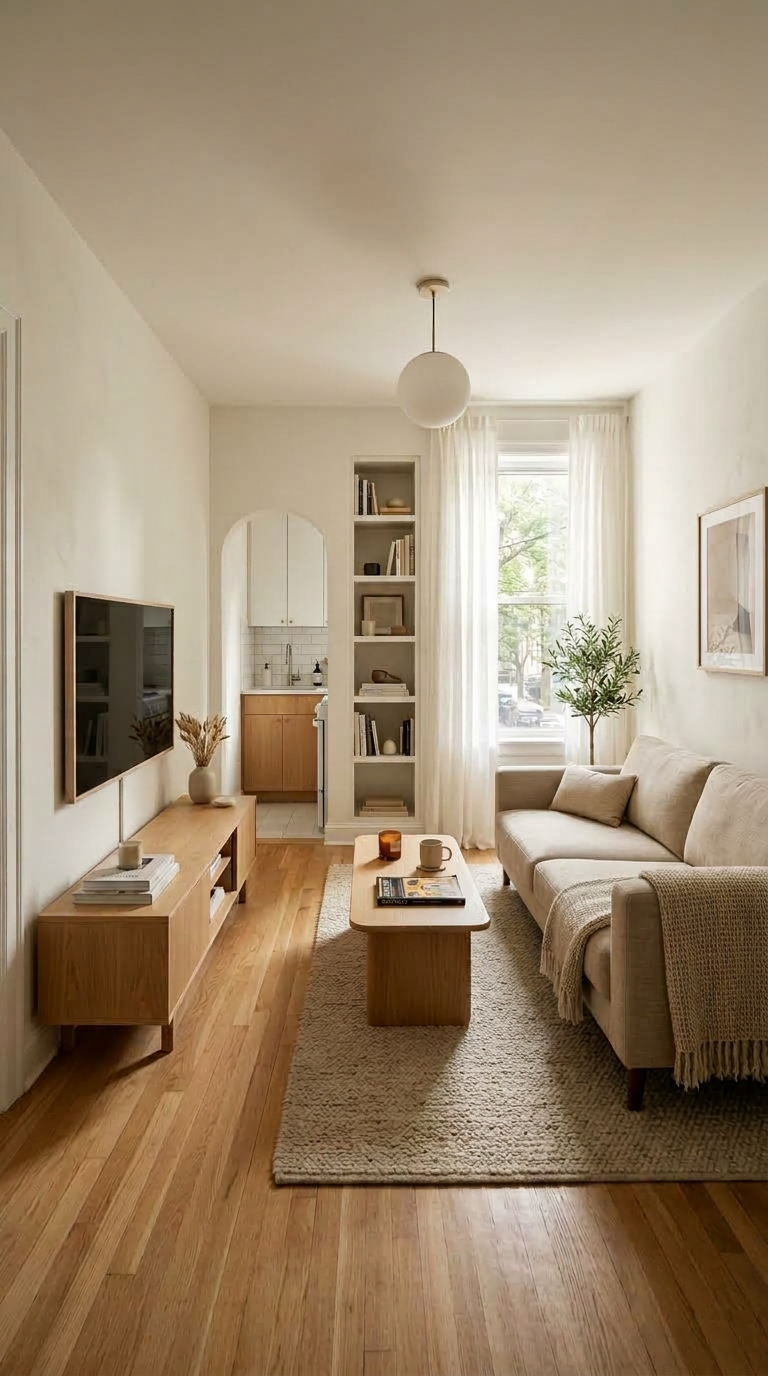 Small living room with sofa facing TV and a clear walking path
