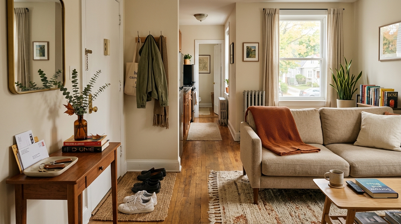 Small space fall home reset in a cozy apartment living room and entryway