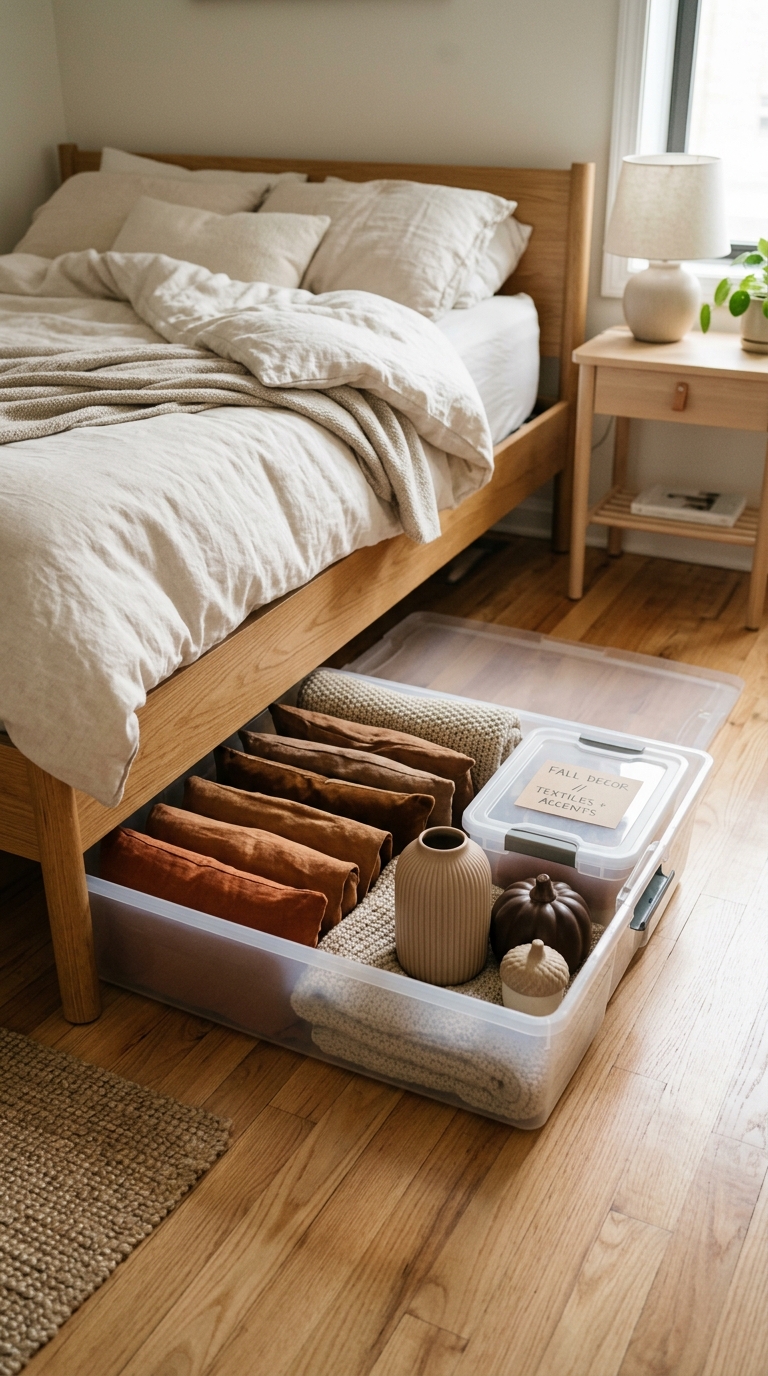 Under-bed storage container filled with neatly packed autumn decor and textiles in a small bedroom