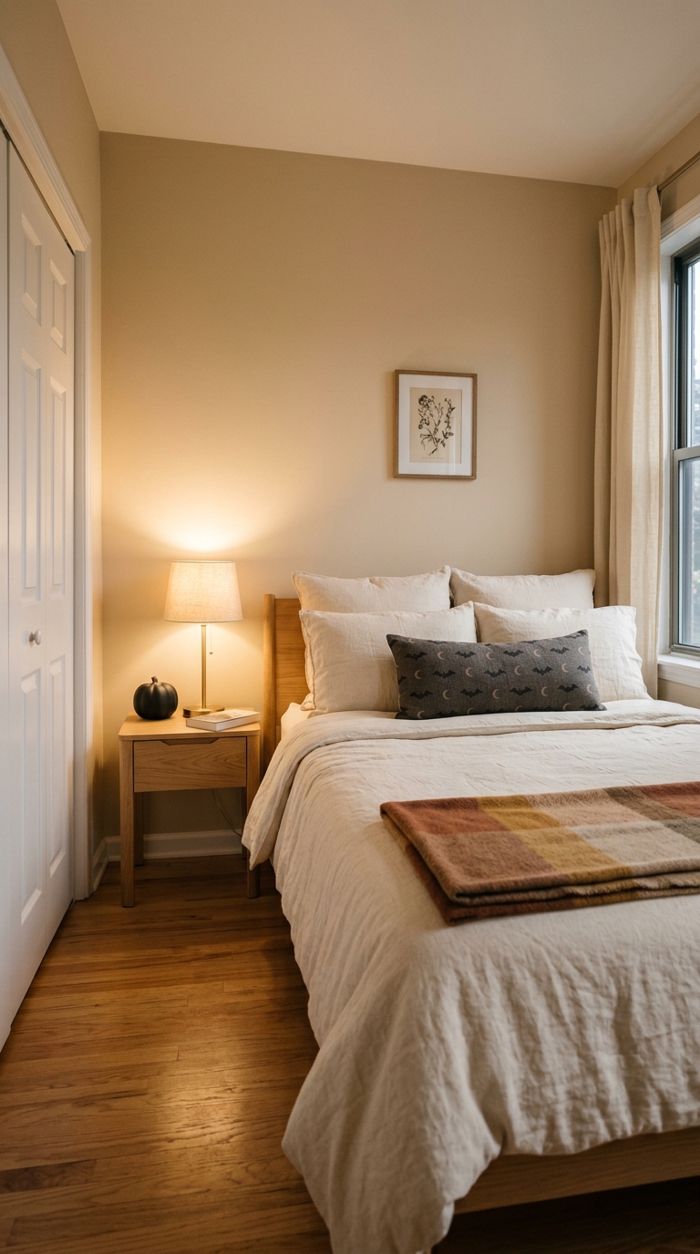 Small neutral bedroom featuring a warm amber throw blanket, soft bedside lamp light, and an uncluttered floor.