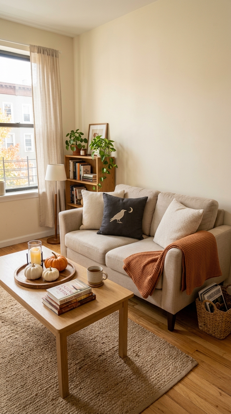Small apartment living room demonstrating swapped seasonal pillow covers, a warm rust throw, and a single coffee table tray without added clutter.