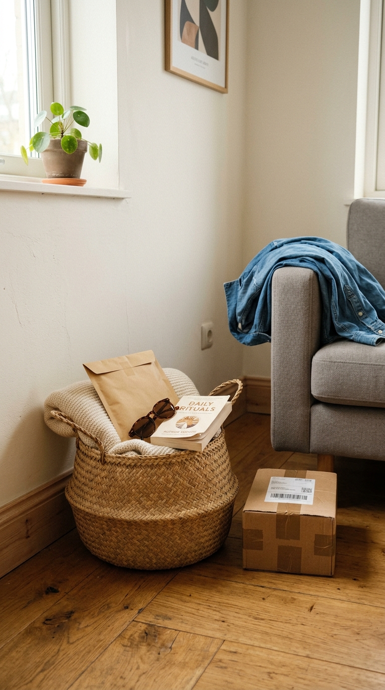 Living room corner with a woven floor basket catching loose items and a small cardboard delivery box on the floor.