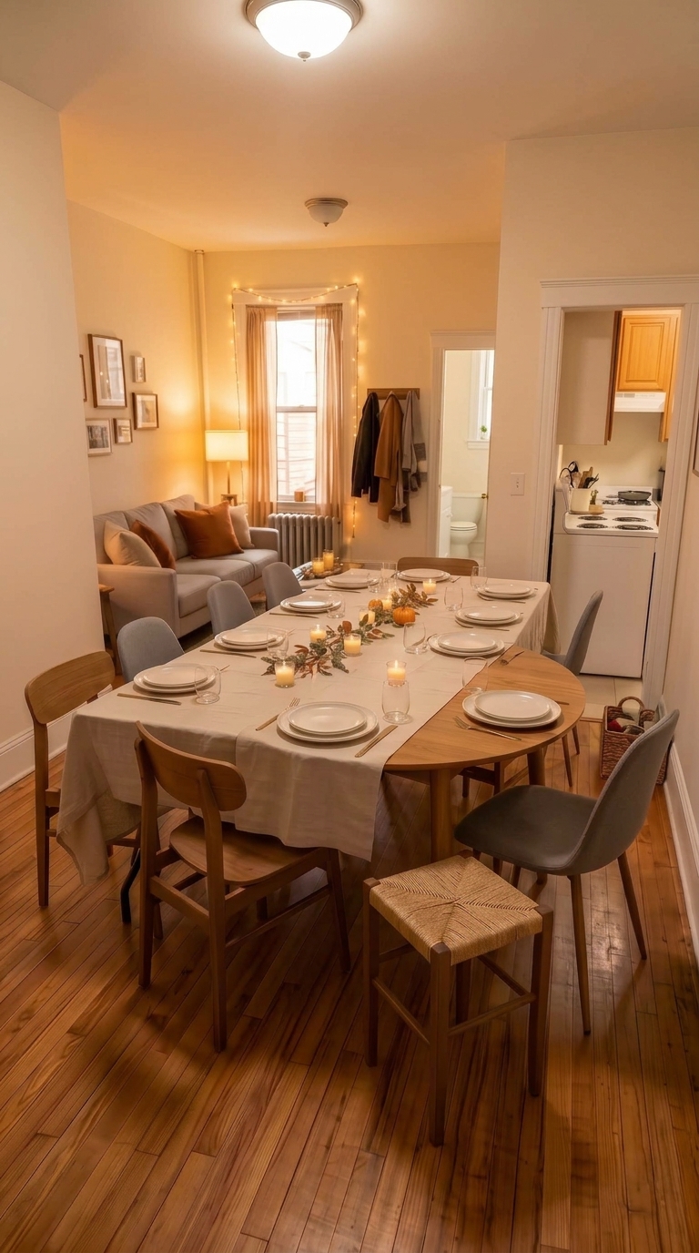 Long extended Thanksgiving dining table with mixed chairs and neutral tablecloth set up in a small apartment living space