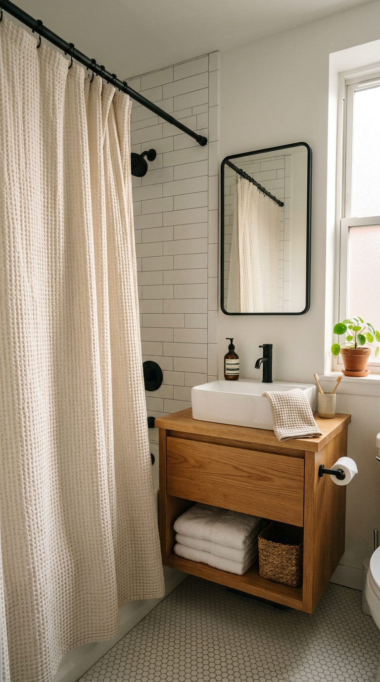 A compact modern rental bathroom featuring an off-white textured shower curtain on a matte black rod beside a wood vanity.