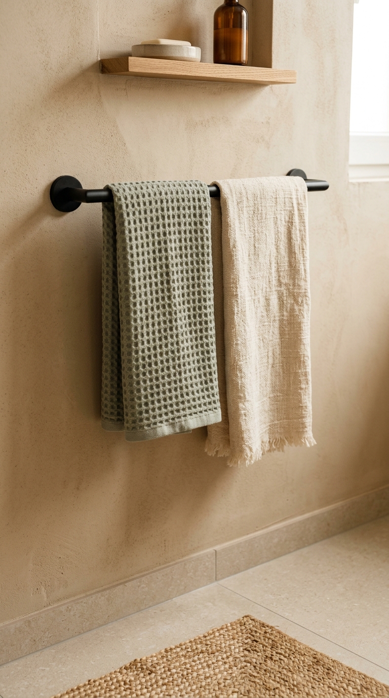 A close-up view of a sage green waffle-weave towel and cream hand towel hanging on a towel bar above a textured woven bath mat.