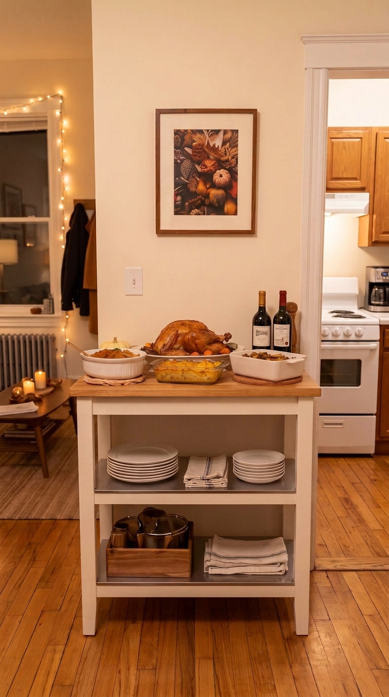 A detailed close-up of a kitchen cart with a wood top, styled as a separate Thanksgiving buffet station holding a roasted turkey and side dishes in a small apartment living-dining area
