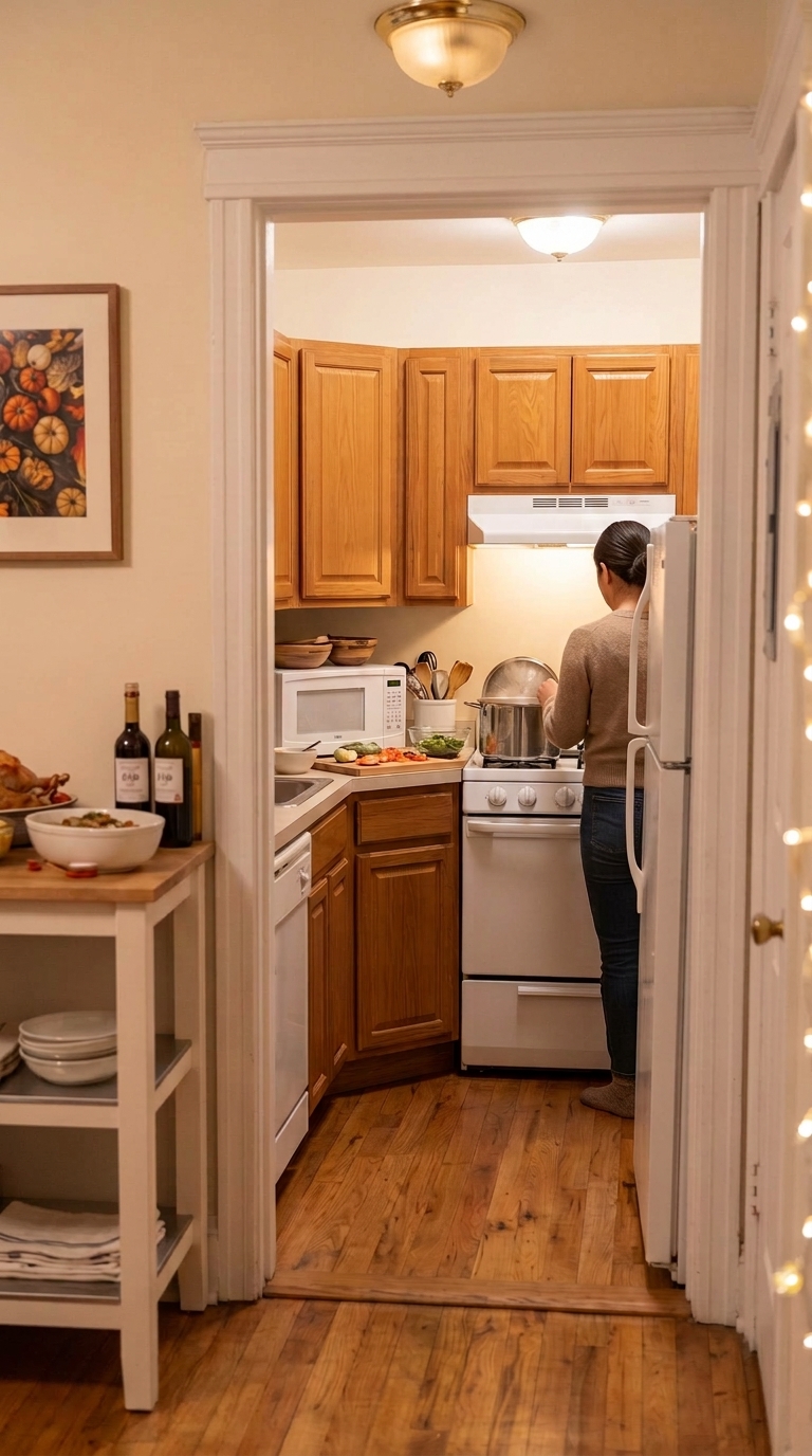 An eye-level medium-shot looking into the small apartment kitchen nook from previous visuals, showing the L-shaped wood cabinets and white appliances. A single cook in a tan sweater is visible from behind, working on a steaming pot on the stove, illustrating a quiet, clear kitchen zone