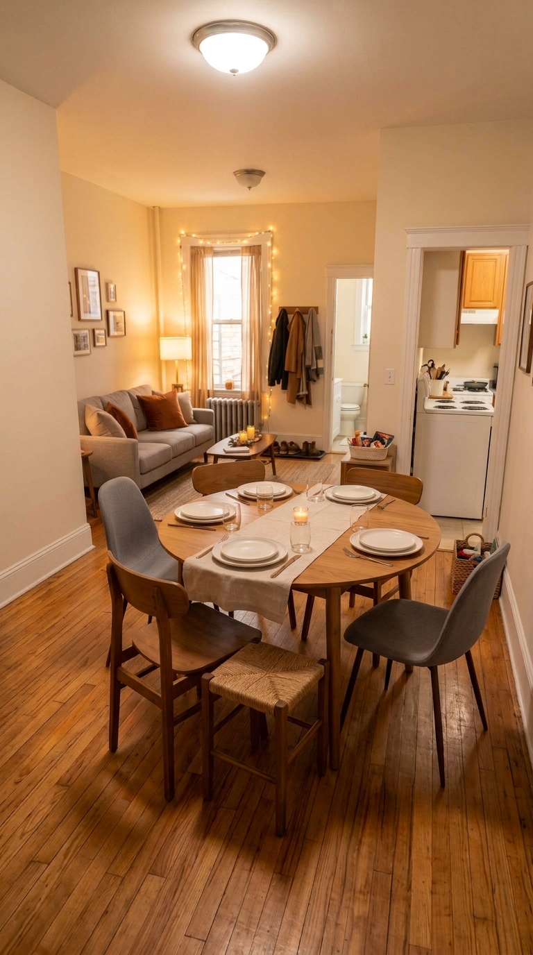 Small apartment dining area set for six with mixed chairs and open walkways to the kitchen and living room