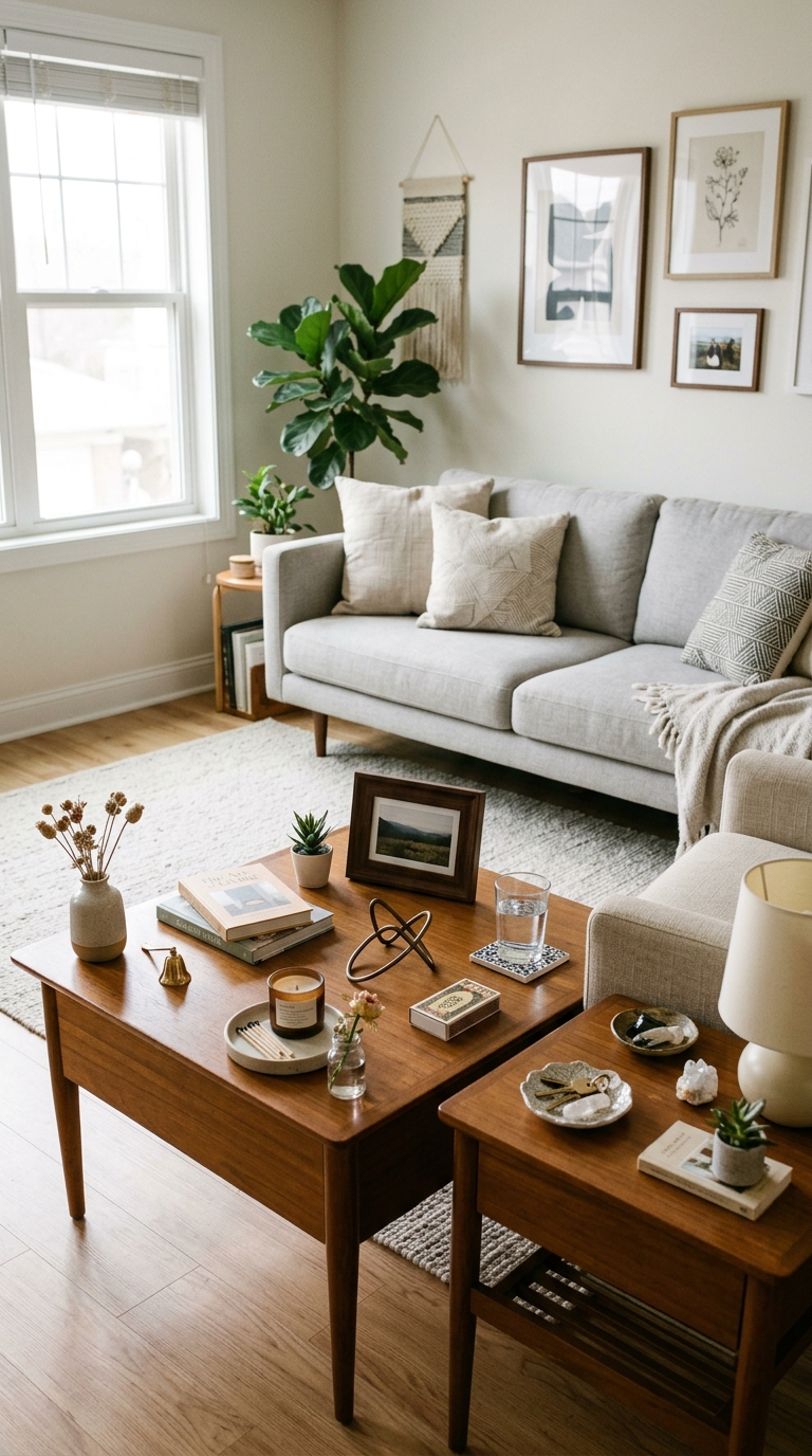 Living room with small framed photos, mini vases, and decorative objects scattered across multiple coffee tables featuring why does my home feel cluttered