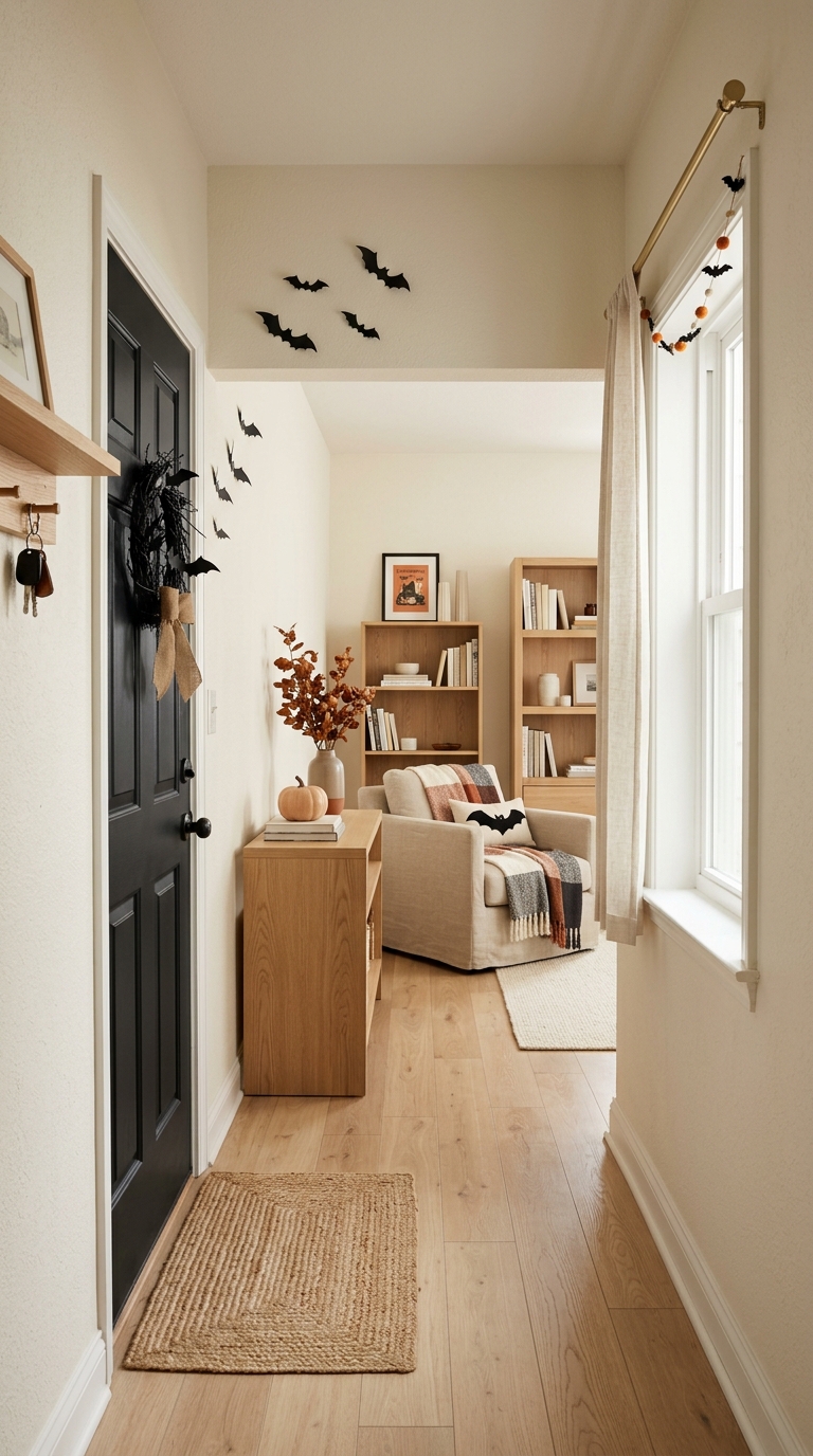 Narrow apartment hallway with clean wood floors, a rustic door wreath, and subtle black bat cutouts on the wall.