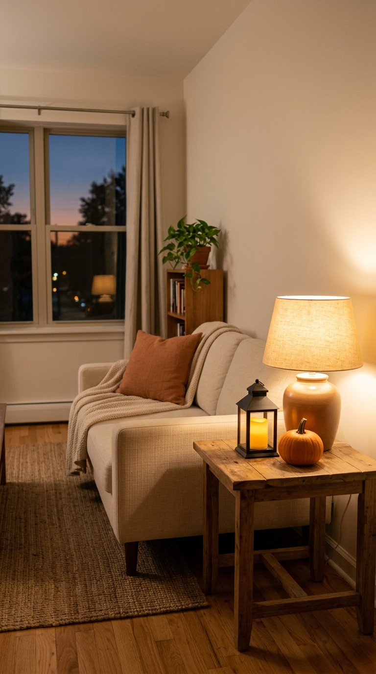 Cozy living room corner illuminated by a warm table lamp and glowing lantern on a side table with minimal Halloween decor.
