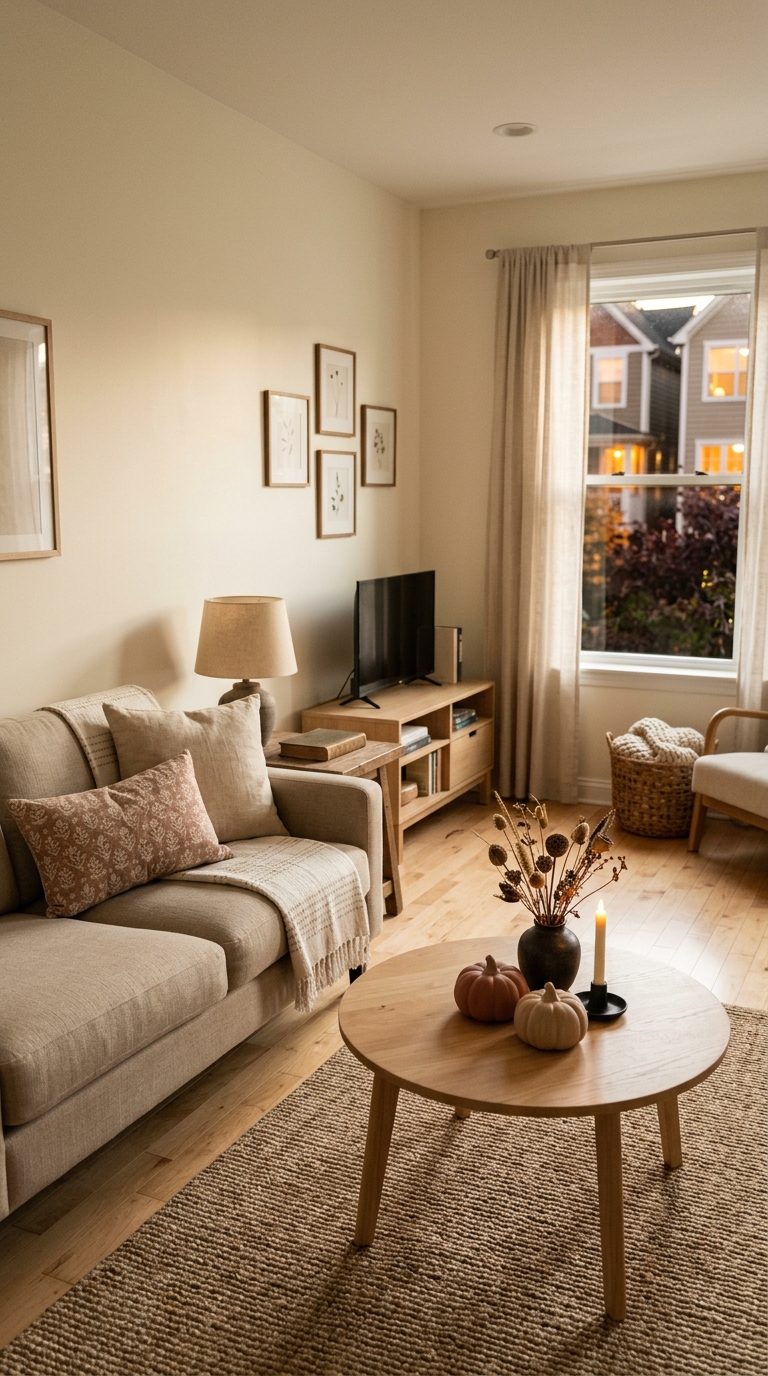 Small living room styled in a warm Halloween aesthetic using cream textiles, natural wood, mini pumpkins, and warm ambient light.